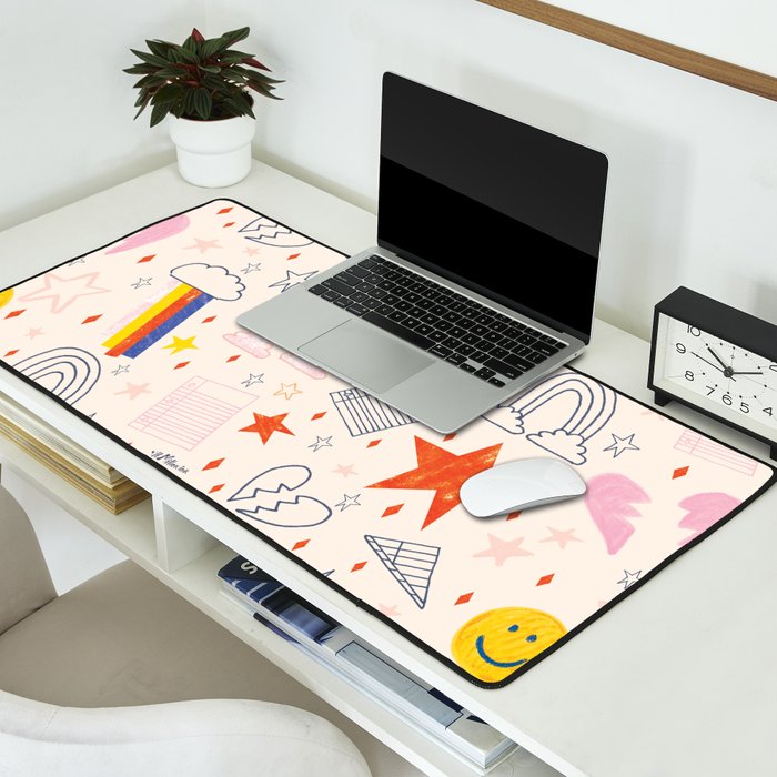 Happy Smiley Face & Retro Rainbows in Dusty Pink Desk Mat Gallery Image 2