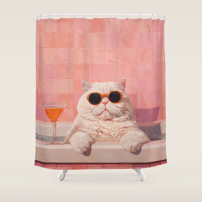 British ShortHair Cat in Tub, Colorful Whimsical Art Shower Curtain Gallery Image 1