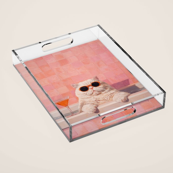British ShortHair Cat in Tub, Colorful Whimsical Art Acrylic Tray Gallery Image 1