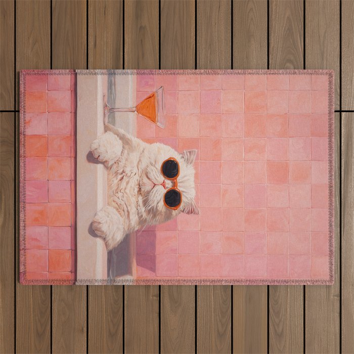 British ShortHair Cat in Tub, Colorful Whimsical Art Outdoor Rug Gallery Image 1