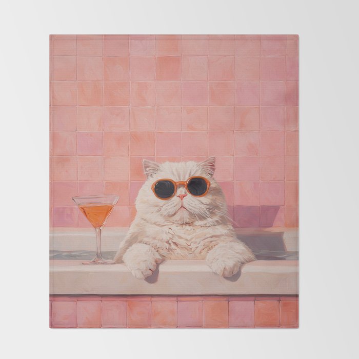 British ShortHair Cat in Tub, Colorful Whimsical Art Throw Blanket Gallery Image 2