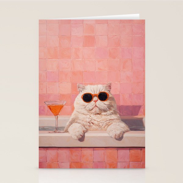 British ShortHair Cat in Tub, Colorful Whimsical Art Stationery Card Gallery Image 1