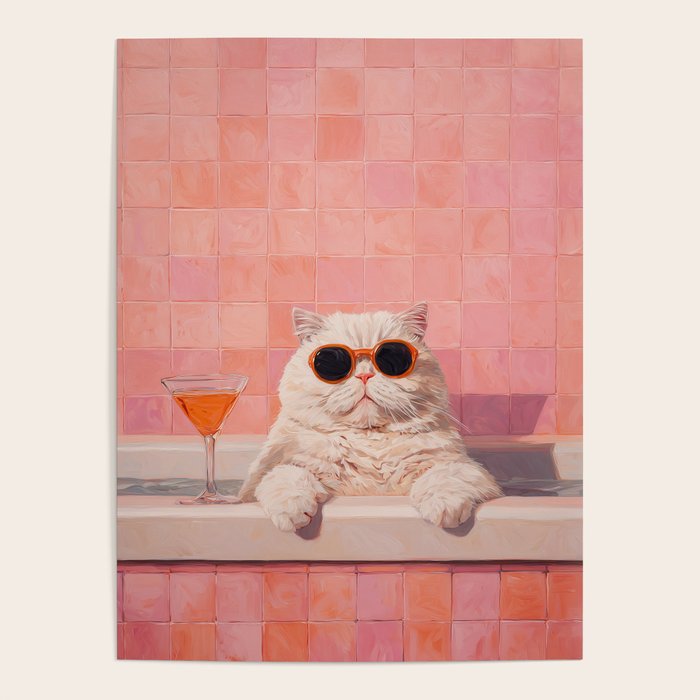 British ShortHair Cat in Tub, Colorful Whimsical Art Poster Gallery Image 1