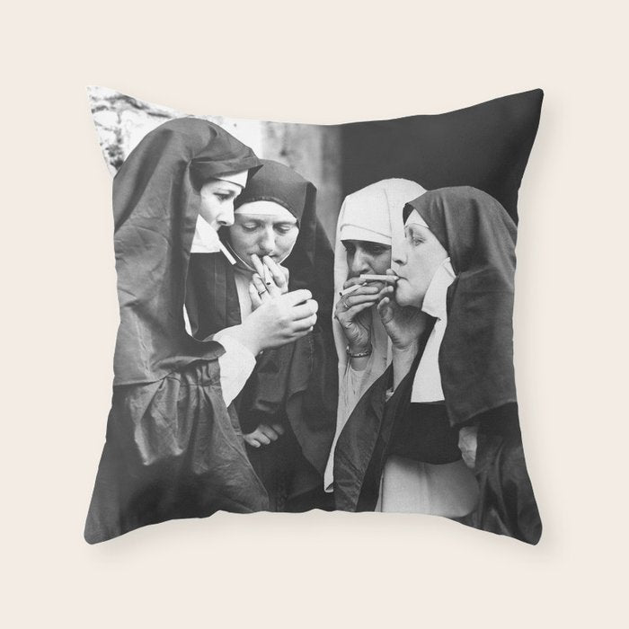Nuns Smoking High Resolution Version Throw Pillow Gallery Image 1