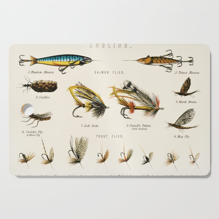 Illustrated Freshwater Fish Angling baits and fishing flies chart Cutting Board Gallery Image 1