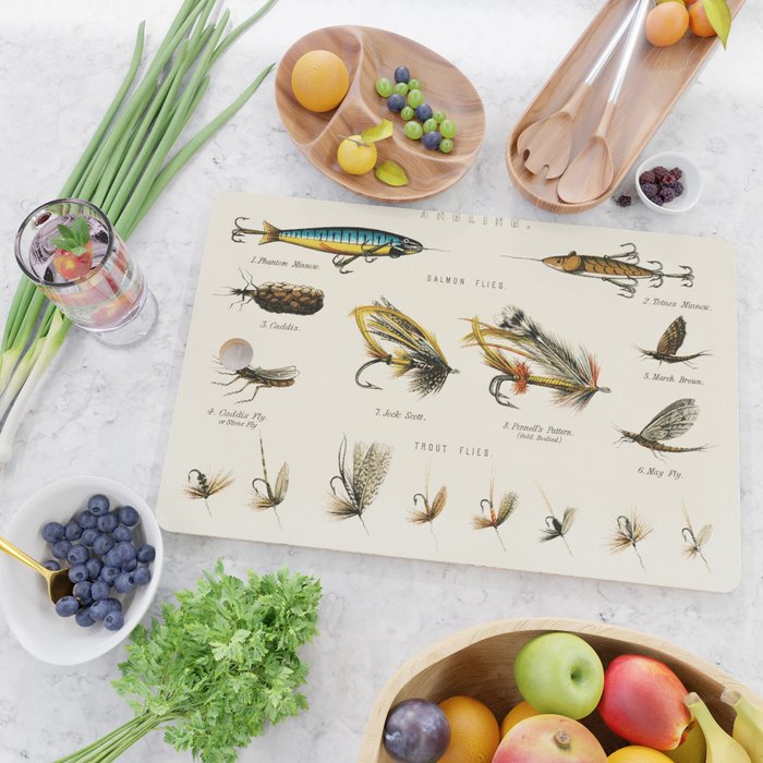 Illustrated Freshwater Fish Angling baits and fishing flies chart Cutting Board Gallery Image 2