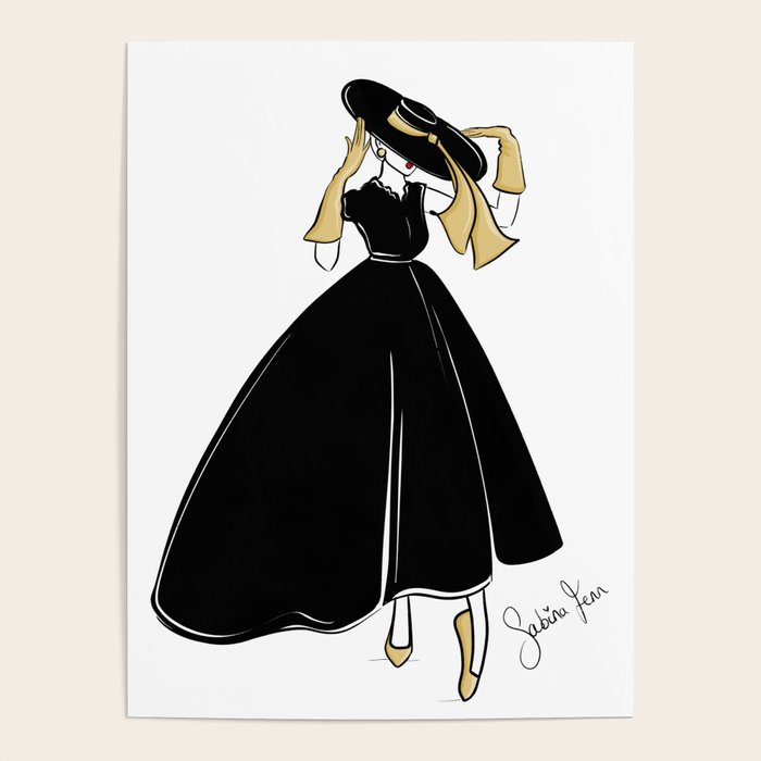 1950's Inspired Fashion Illustration Black & White with Gold Poster Gallery Image 1