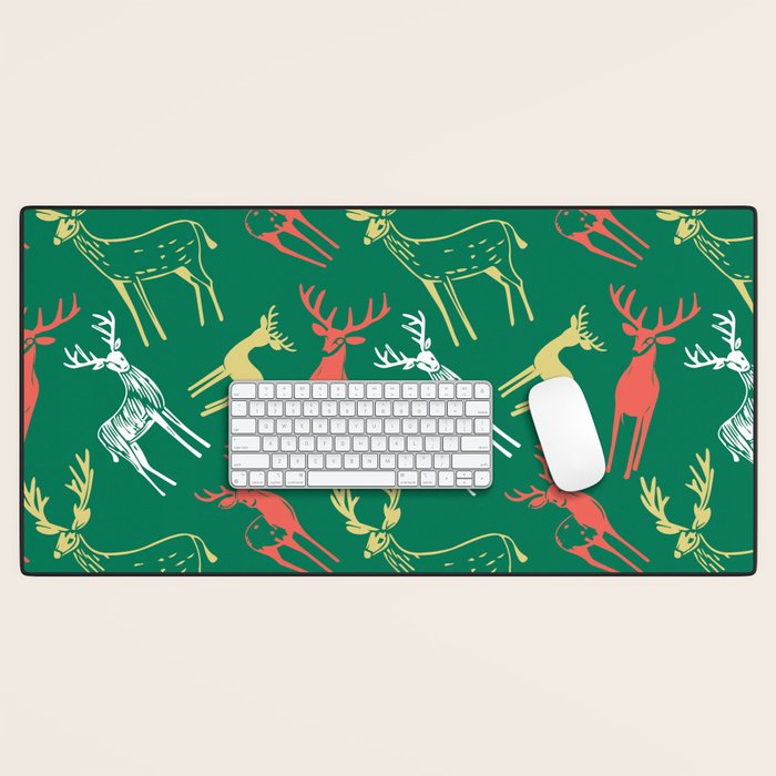 Green christmas reindeer animal pattern Desk Mat Gallery Image 1