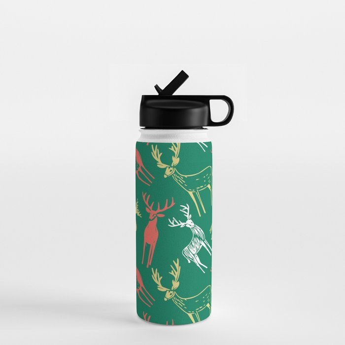 Green christmas reindeer animal pattern Water Bottle Gallery Image 1