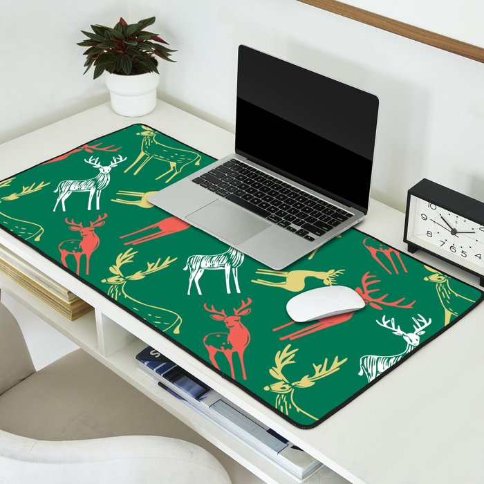 Green christmas reindeer animal pattern Desk Mat Gallery Image 2