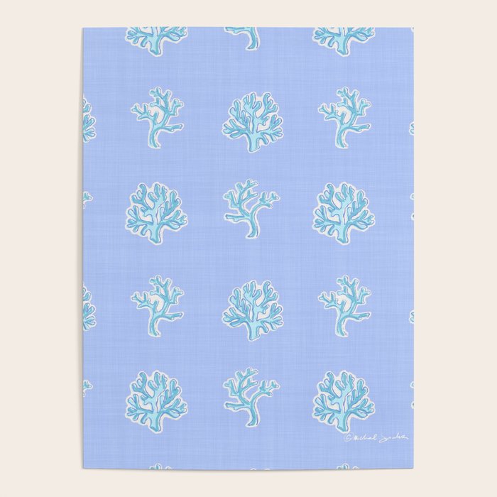 Coastal Coral Block Print in Blue and Aqua Poster Gallery Image 1
