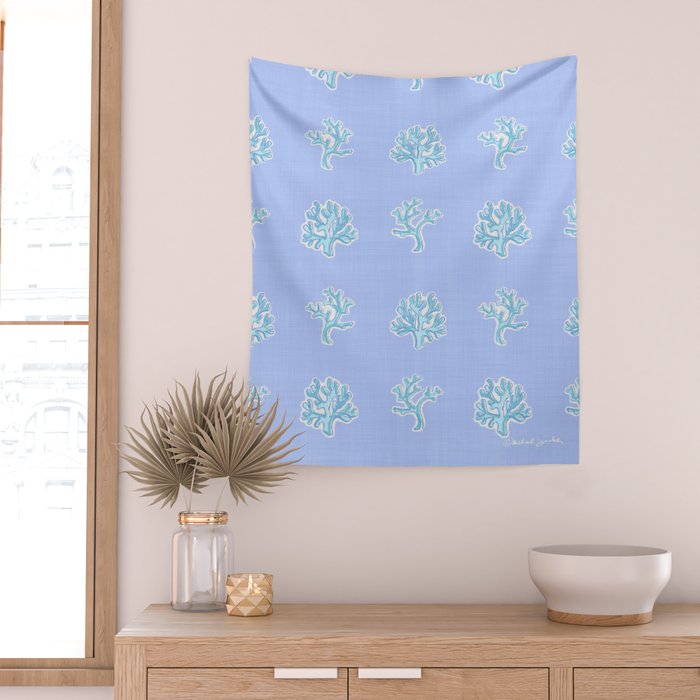 Coastal Coral Block Print in Blue and Aqua Wall Tapestry Gallery Image 2