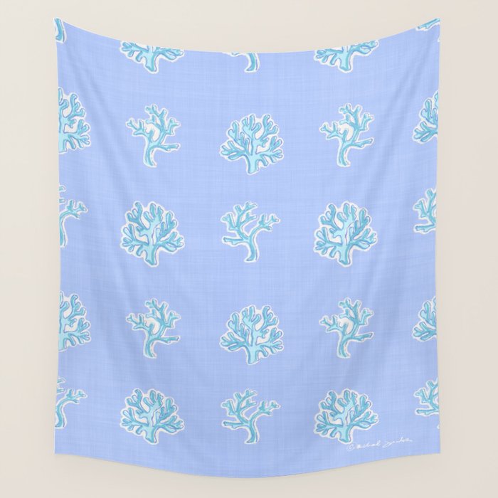 Coastal Coral Block Print in Blue and Aqua Wall Tapestry Gallery Image 4