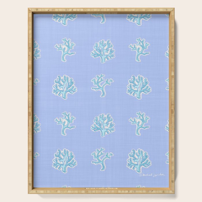 Coastal Coral Block Print in Blue and Aqua Serving Tray Gallery Image 1