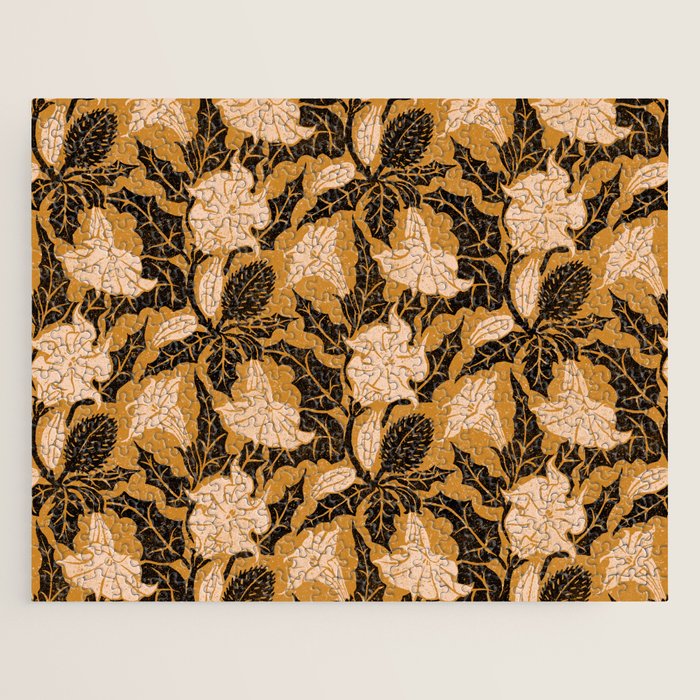 Moon Flower - Black, gold, peach pink Jigsaw Puzzle
