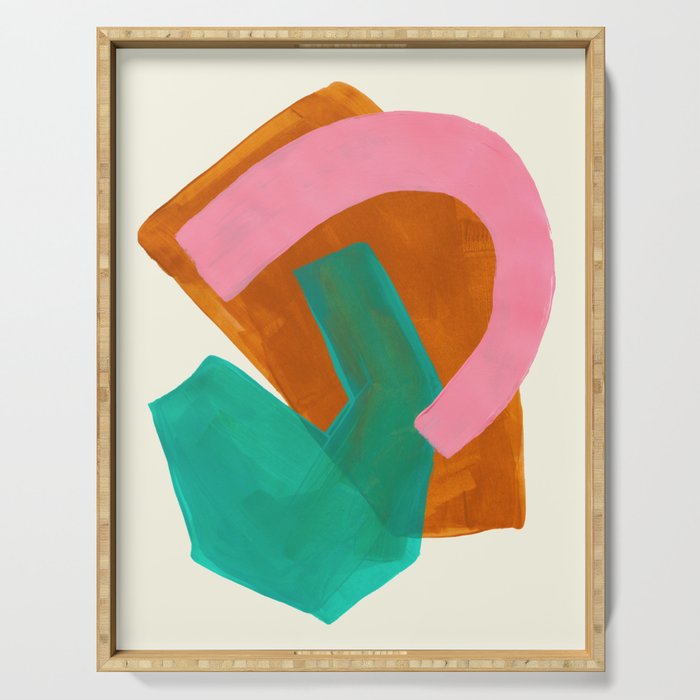 Ochre Pink Marine Green Fun Colorful Mid Century Modern Abstract Painting Shapes Pattern Serving Tray Gallery Image 1