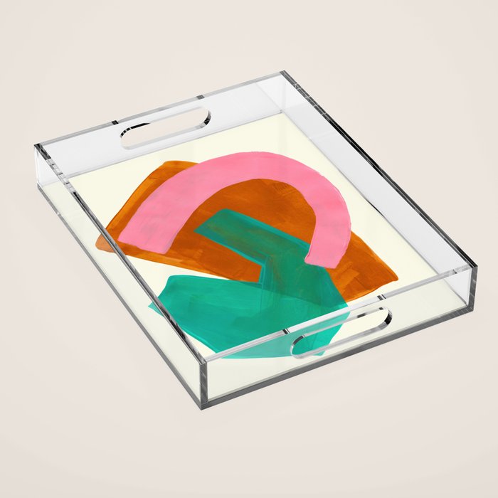 Ochre Pink Marine Green Fun Colorful Mid Century Modern Abstract Painting Shapes Pattern Acrylic Tray Gallery Image 1