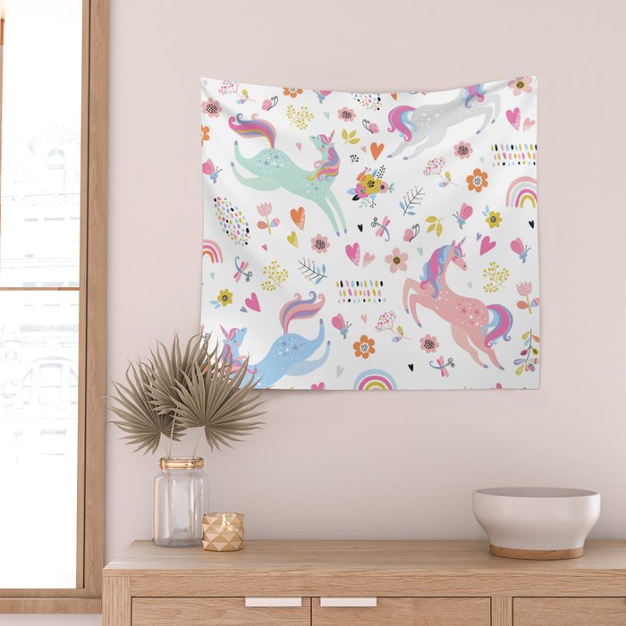 Magical Pastel Unicorn Floral Wall Tapestry Gallery Image 2