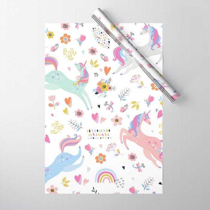 Magical Pastel Unicorn Floral Wrapping Paper Gallery Image 1