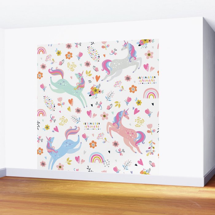Magical Pastel Unicorn Floral Wall Mural Gallery Image 2