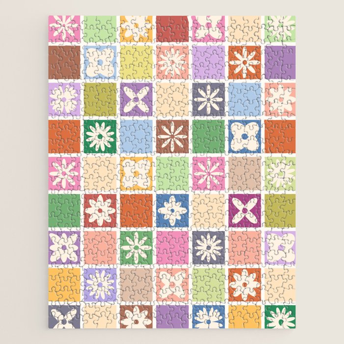 Retro Colorful Flower Checker Tiles Jigsaw Puzzle Gallery Image 1