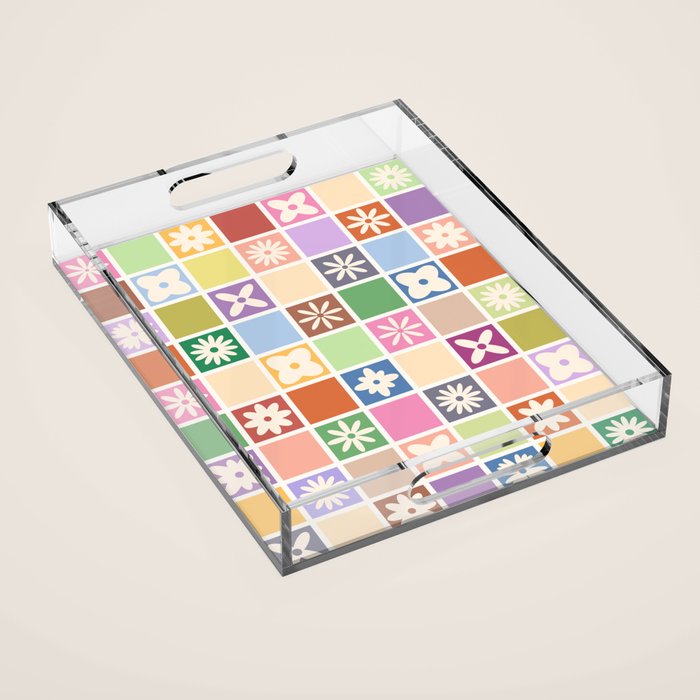 Retro Colorful Flower Checker Tiles Acrylic Tray Gallery Image 1