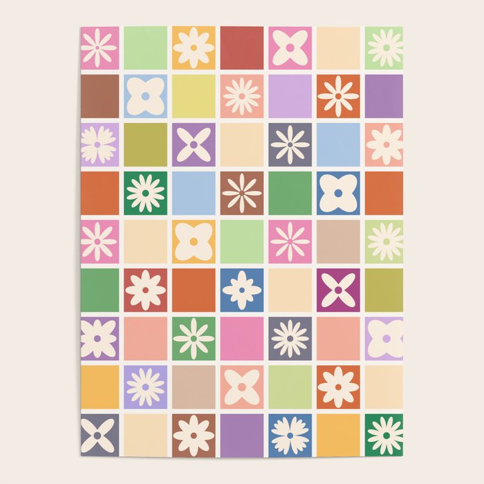 Retro Colorful Flower Checker Tiles Poster Gallery Image 4