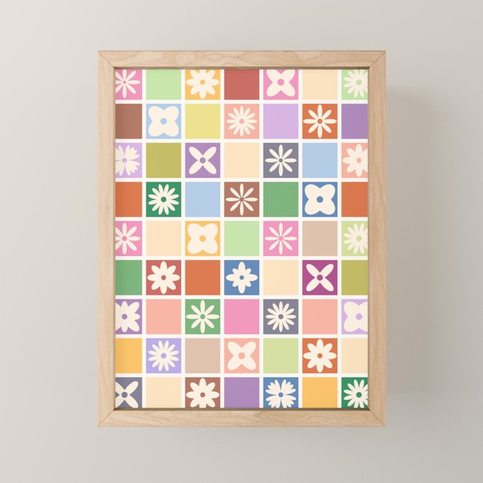 Retro Colorful Flower Checker Tiles Mini Art Print Gallery Image 1