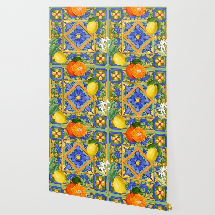 Summer ,Sicilian tiles ,citrus,oranges,majolica,lemons ,Mediterranean  Wallpaper Gallery Image 2