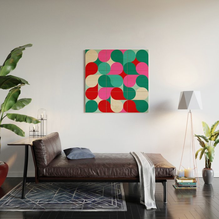 Retro Geo Christmas Drop Pattern - pink, teal, red, green Wood Wall Art Gallery Image 2