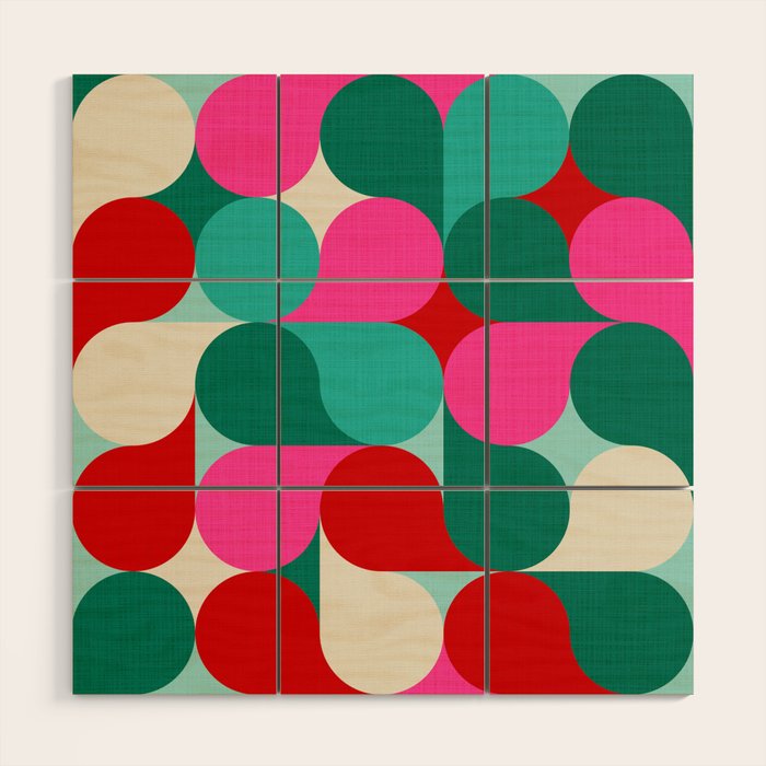 Retro Geo Christmas Drop Pattern - pink, teal, red, green Wood Wall Art Gallery Image 1