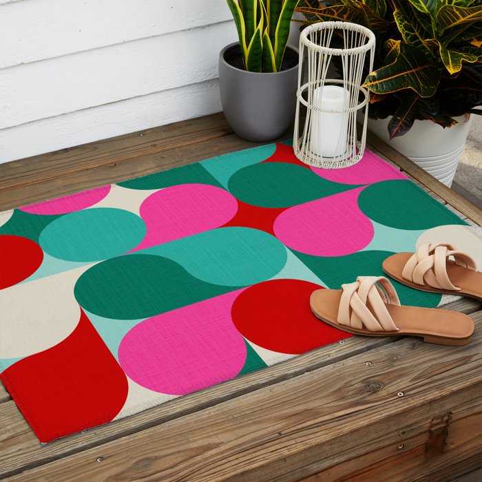 Retro Geo Christmas Drop Pattern - pink, teal, red, green Outdoor Rug Gallery Image 2