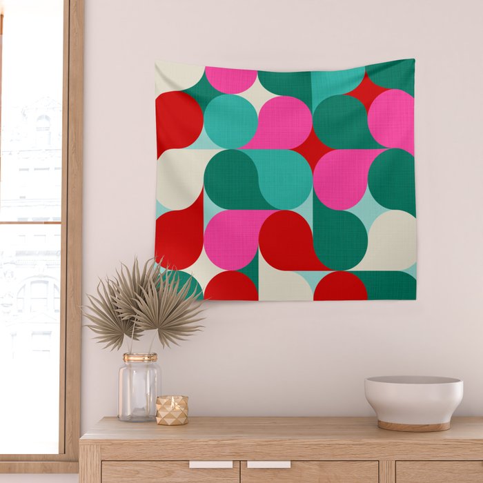 Retro Geo Christmas Drop Pattern - pink, teal, red, green Wall Tapestry Gallery Image 2