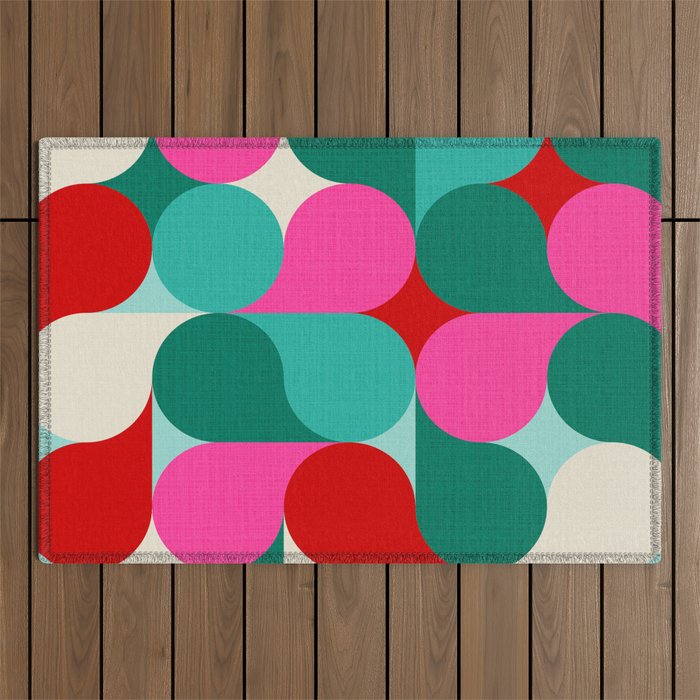 Retro Geo Christmas Drop Pattern - pink, teal, red, green Outdoor Rug Gallery Image 1
