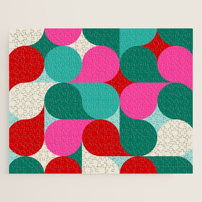 Retro Geo Christmas Drop Pattern - pink, teal, red, green Jigsaw Puzzle Gallery Image 1