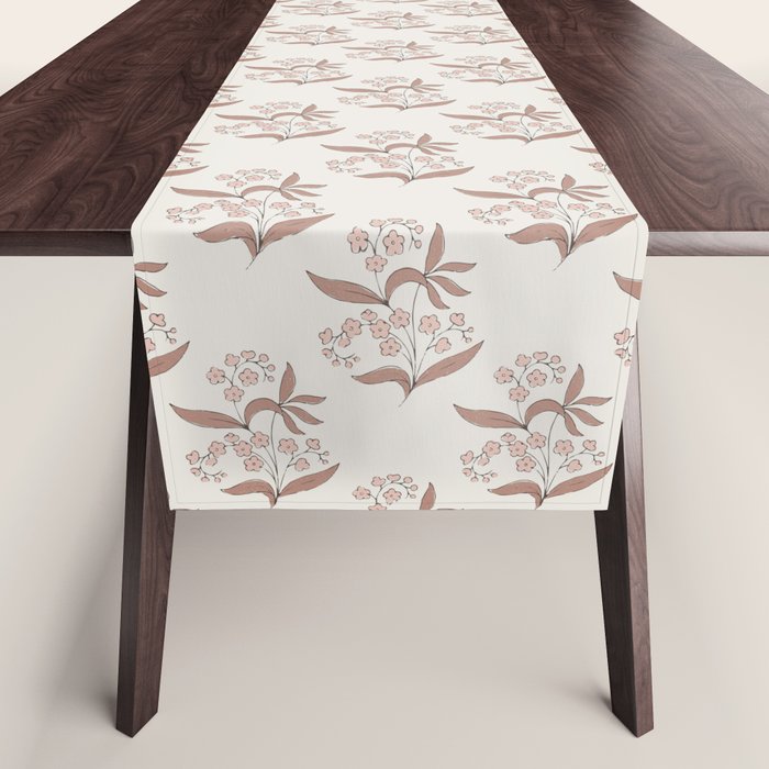 Block Print Line Art Floral - Pink Brown Table Runner Gallery Image 1
