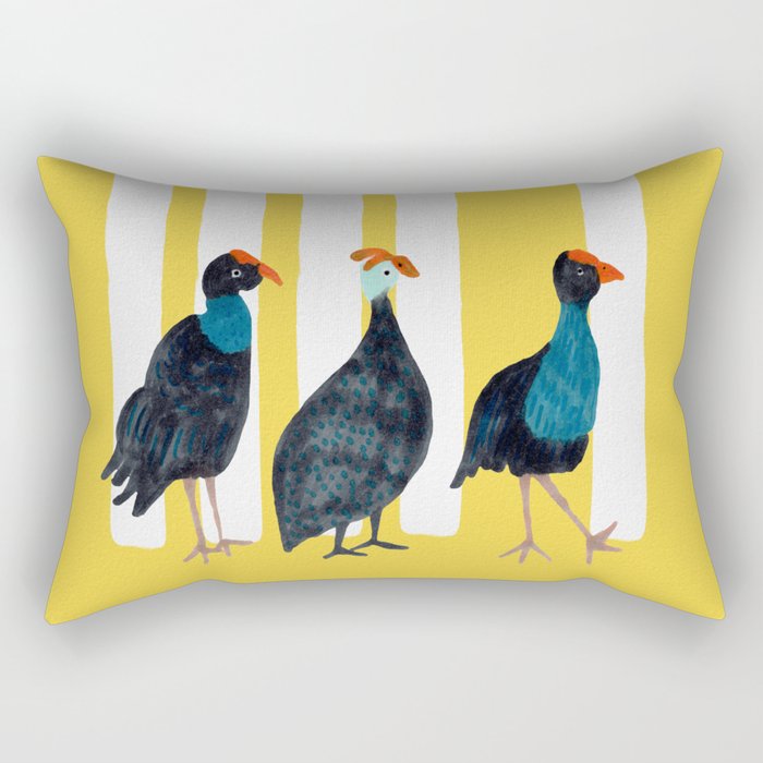 Three Birds Walking - Blue and Yellow Rectangular Pillow Gallery Image 1