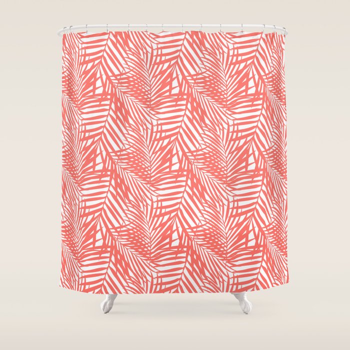 Palm Fronds in Living Coral Shower Curtain Gallery Image 1