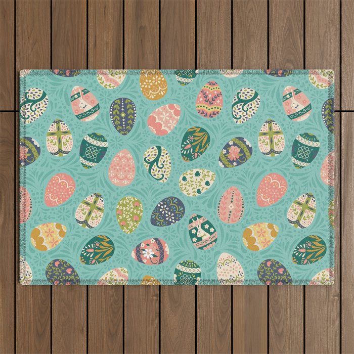 Floral Easter Eggs - Aqua Outdoor Rug Gallery Image 1