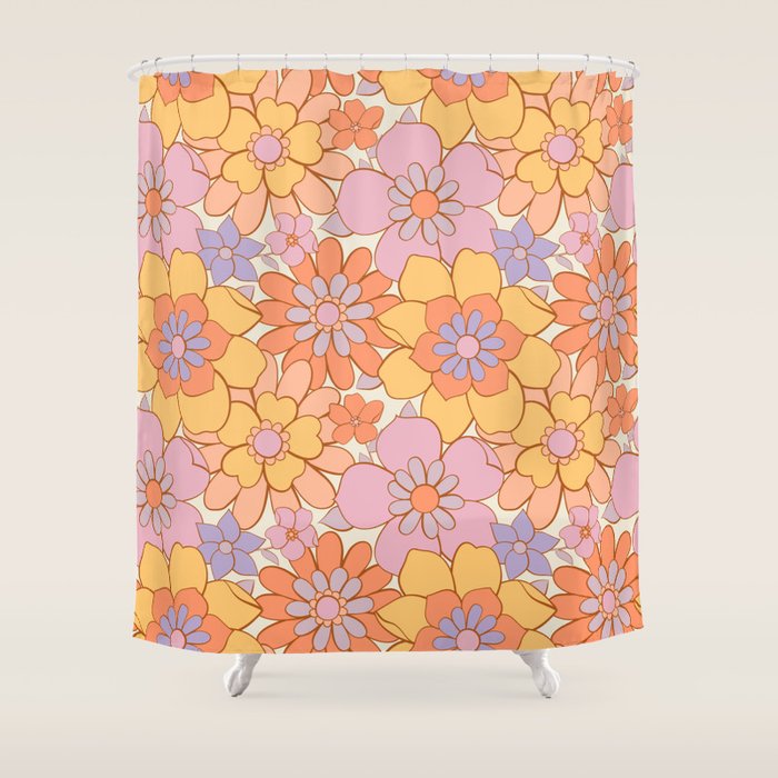 Retro hand drawn flower art pattern Shower Curtain Gallery Image 1