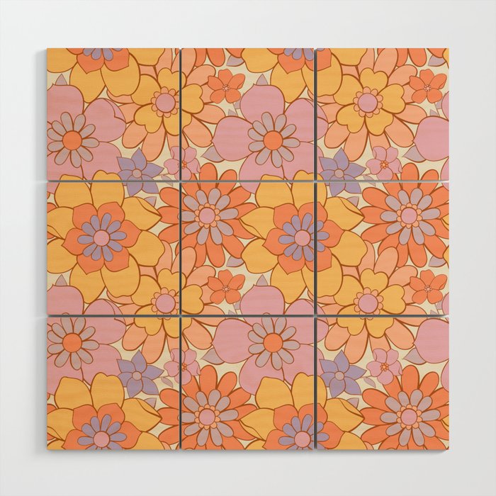 Retro hand drawn flower art pattern Wood Wall Art Gallery Image 1