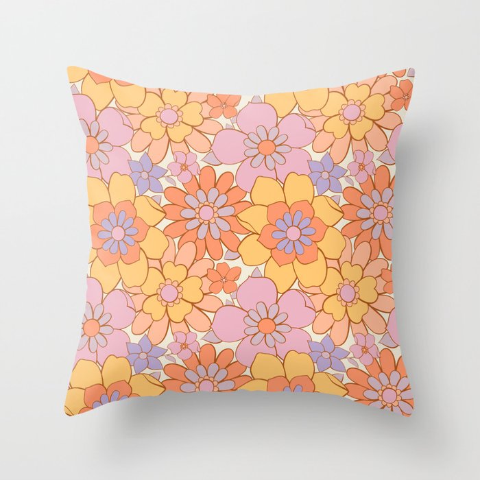 Retro hand drawn flower art pattern Throw Pillow Gallery Image 1