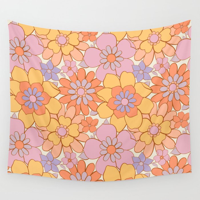 Retro hand drawn flower art pattern Wall Tapestry Gallery Image 4