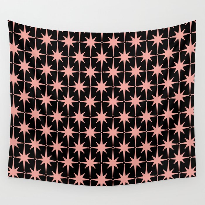 Midcentury Modern Atomic Starburst Pattern in Black and 50s Bathroom Pink Wall Tapestry Gallery Image 1