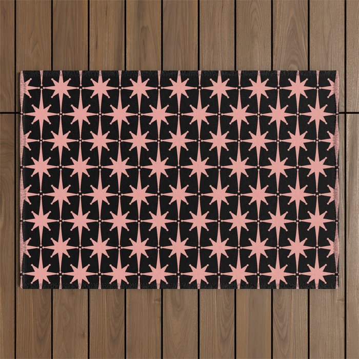 Midcentury Modern Atomic Starburst Pattern in Black and 50s Bathroom Pink Outdoor Rug Gallery Image 1