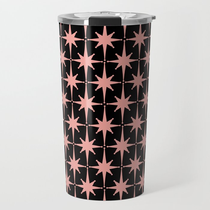 Midcentury Modern Atomic Starburst Pattern in Black and 50s Bathroom Pink Travel Mug Gallery Image 1