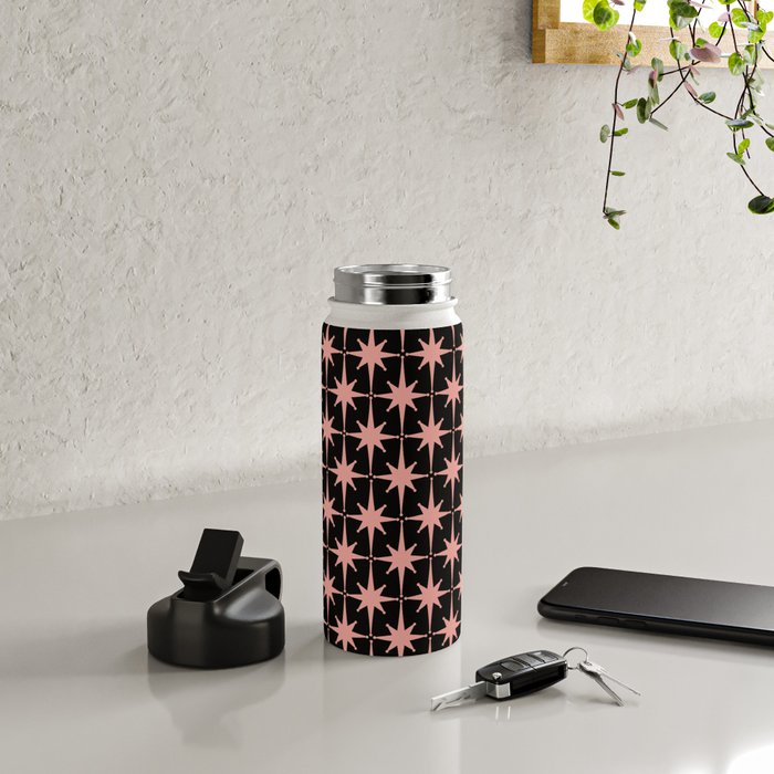 Midcentury Modern Atomic Starburst Pattern in Black and 50s Bathroom Pink Water Bottle Gallery Image 4