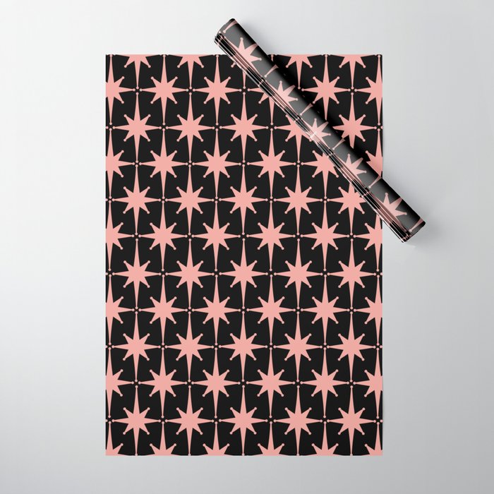 Midcentury Modern Atomic Starburst Pattern in Black and 50s Bathroom Pink Wrapping Paper Gallery Image 1