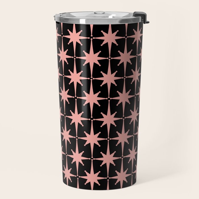 Midcentury Modern Atomic Starburst Pattern in Black and 50s Bathroom Pink Travel Mug Gallery Image 2