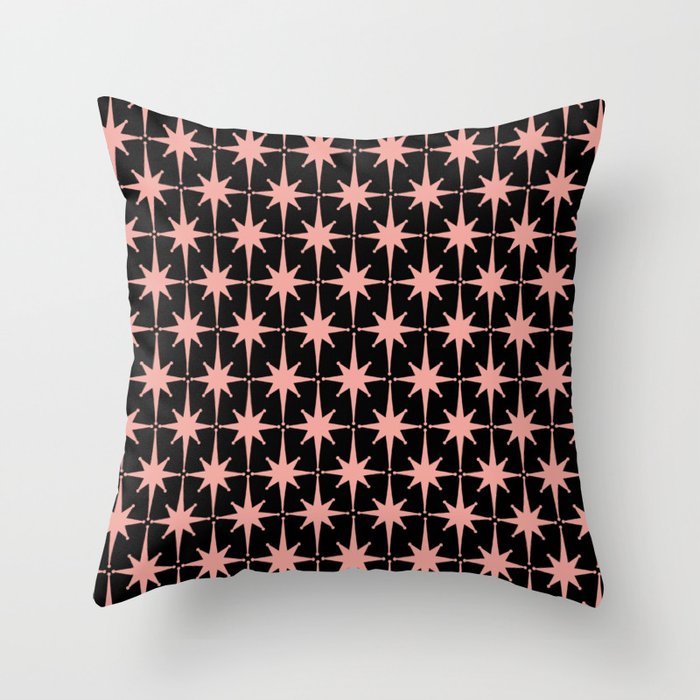 Midcentury Modern Atomic Starburst Pattern in Black and 50s Bathroom Pink Throw Pillow Gallery Image 6